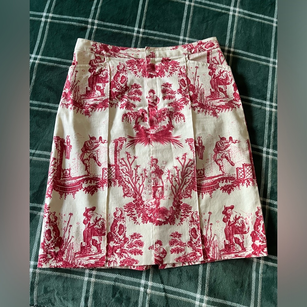 Cream and Red Toile-Print Pencil Skirt size 8